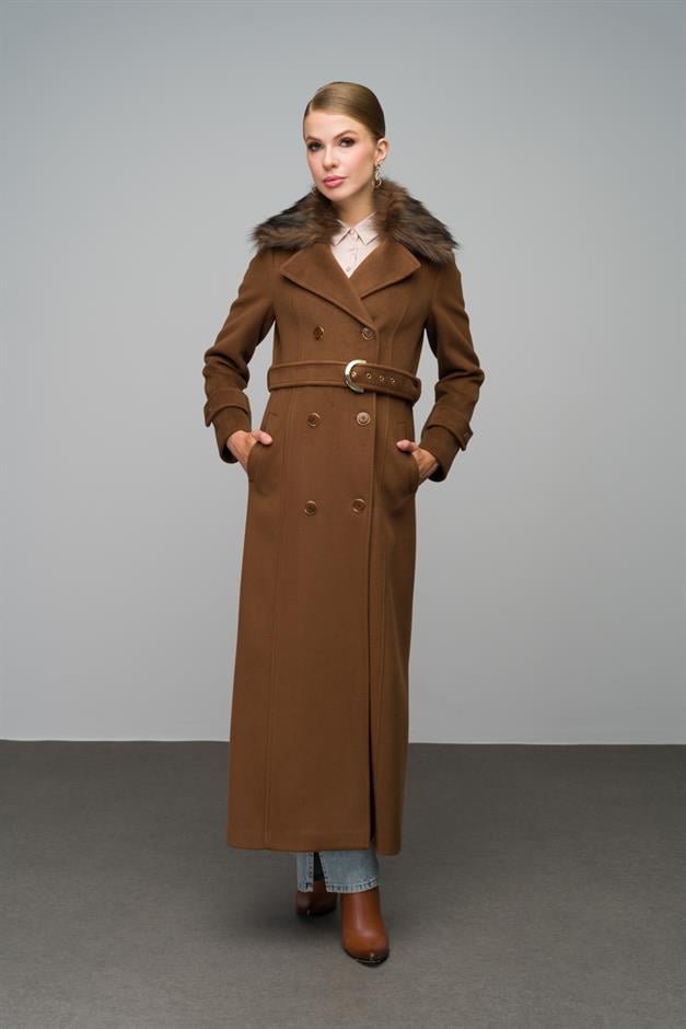 Double-breasted fur coat with removable collar TOBACCO 3991