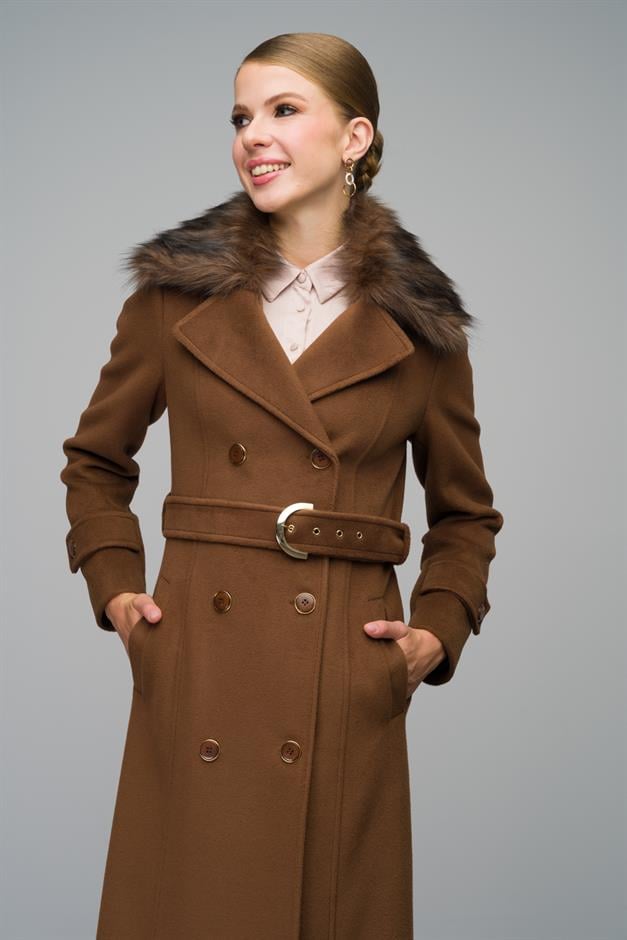 Double-breasted fur coat with removable collar TOBACCO 3991