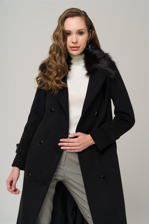 Double-breasted fur coat with removable collar BLACK 3991