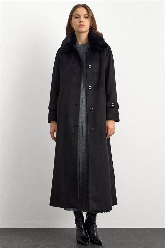 معطف طويل من الموهير مع طوق فرو قابل للإزالة أسود 3151