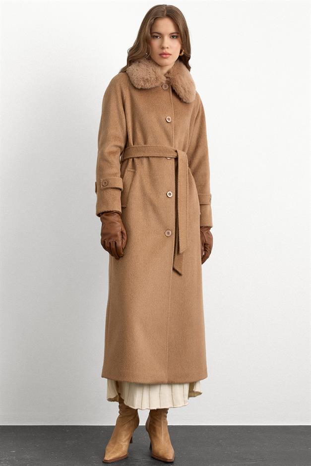 معطف طويل من الموهير مع طوق فرو قابل للإزالة كامل 3151