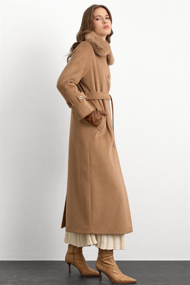 معطف طويل من الموهير مع طوق فرو قابل للإزالة كامل 3151