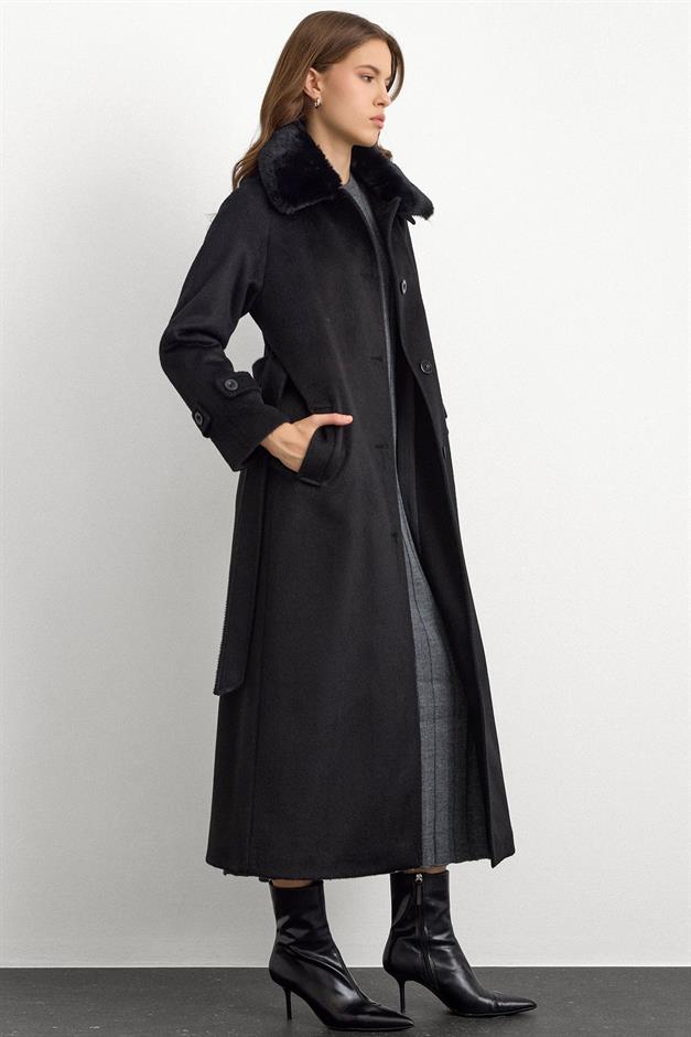 معطف طويل من الموهير مع طوق فرو قابل للإزالة أسود 3151