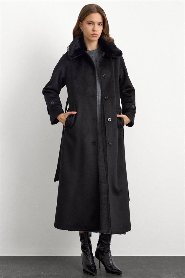 معطف طويل من الموهير مع طوق فرو قابل للإزالة أسود 3151