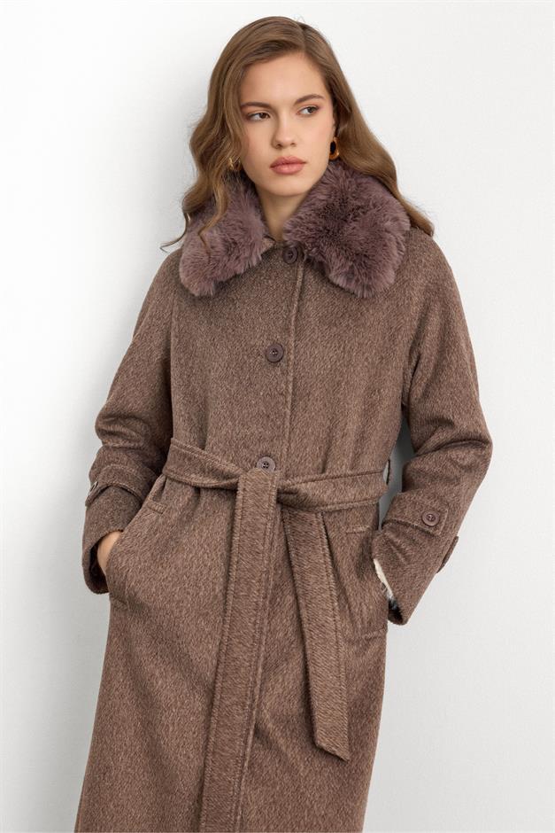 معطف طويل من الموهير مع طوق فرو قابل للإزالة لاتيه 3151
