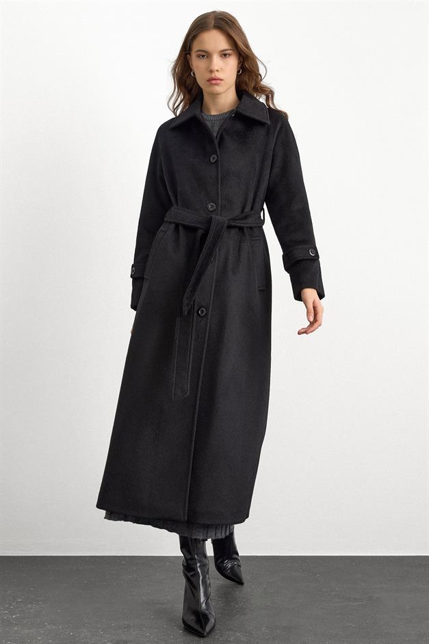 معطف طويل من الموهير مع طوق فرو قابل للإزالة أسود 3151