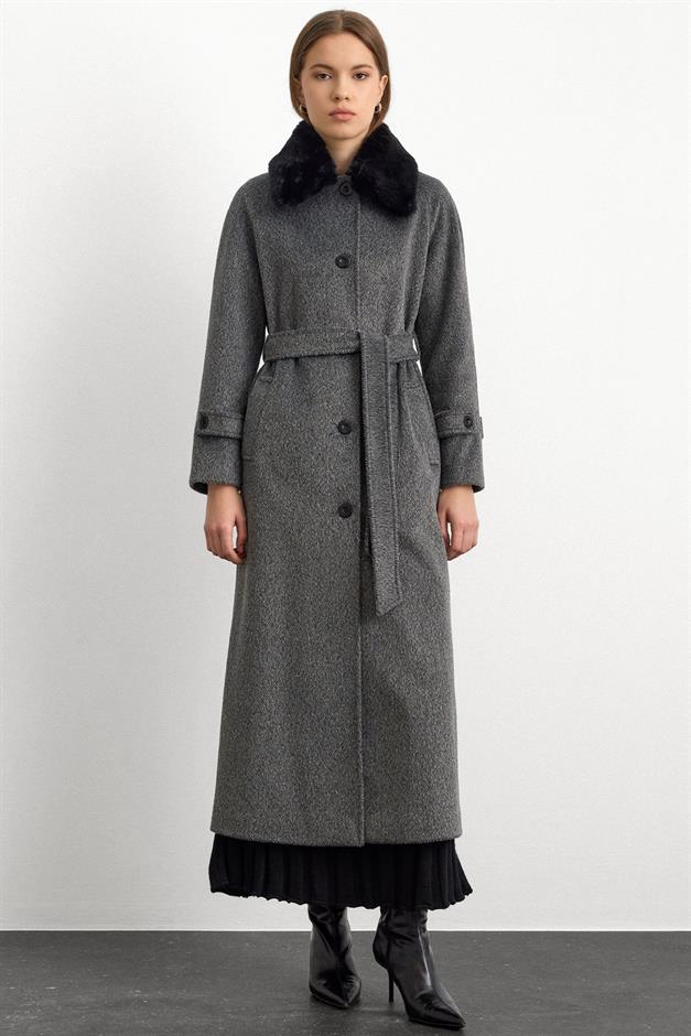 معطف طويل من الموهير مع طوق فرو قابل للإزالة أنثراسايت 3151