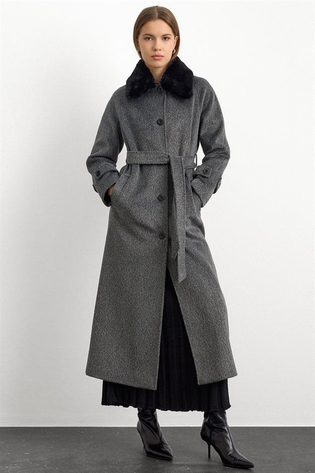 معطف طويل من الموهير مع طوق فرو قابل للإزالة أنثراسايت 3151