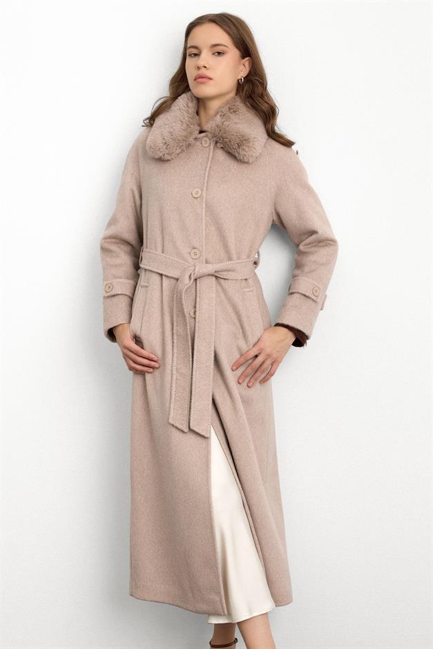 معطف طويل من الموهير مع طوق فرو قابل للإزالة عمر 3151