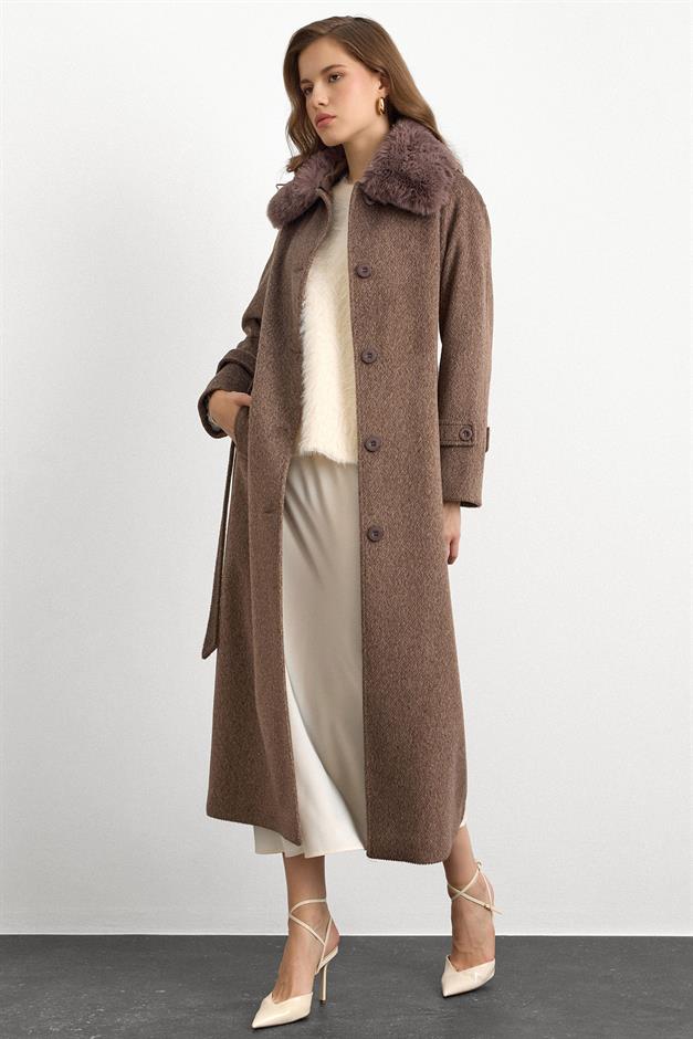 معطف طويل من الموهير مع طوق فرو قابل للإزالة لاتيه 3151