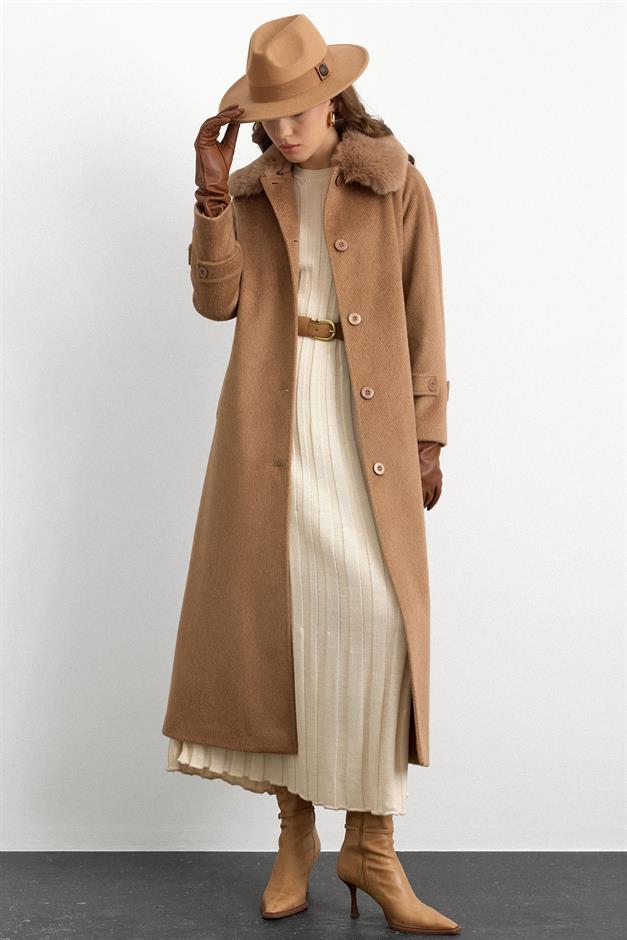 معطف طويل من الموهير مع طوق فرو قابل للإزالة كامل 3151