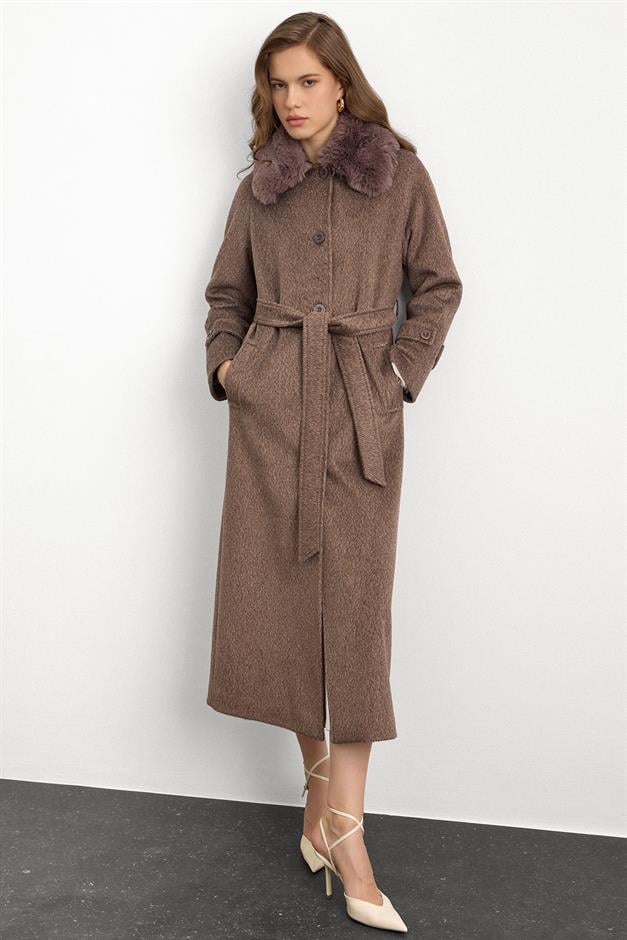 معطف طويل من الموهير مع طوق فرو قابل للإزالة لاتيه 3151