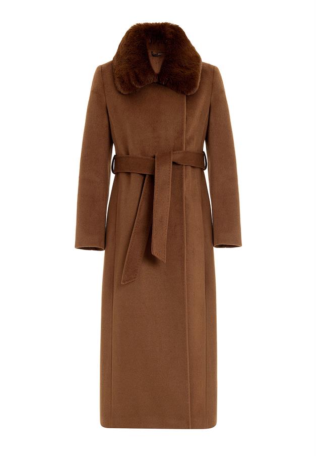 معطف طويل فاخر مع طوق فرو قابل للفصل وتفاصيل غرزة منقطة التبغ 3092