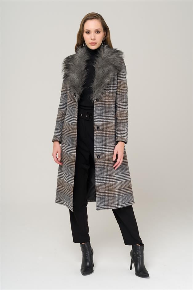 Mid-Length Plaid Coat with Detachable Fur Collar and Tie at the Waist GREY 3978