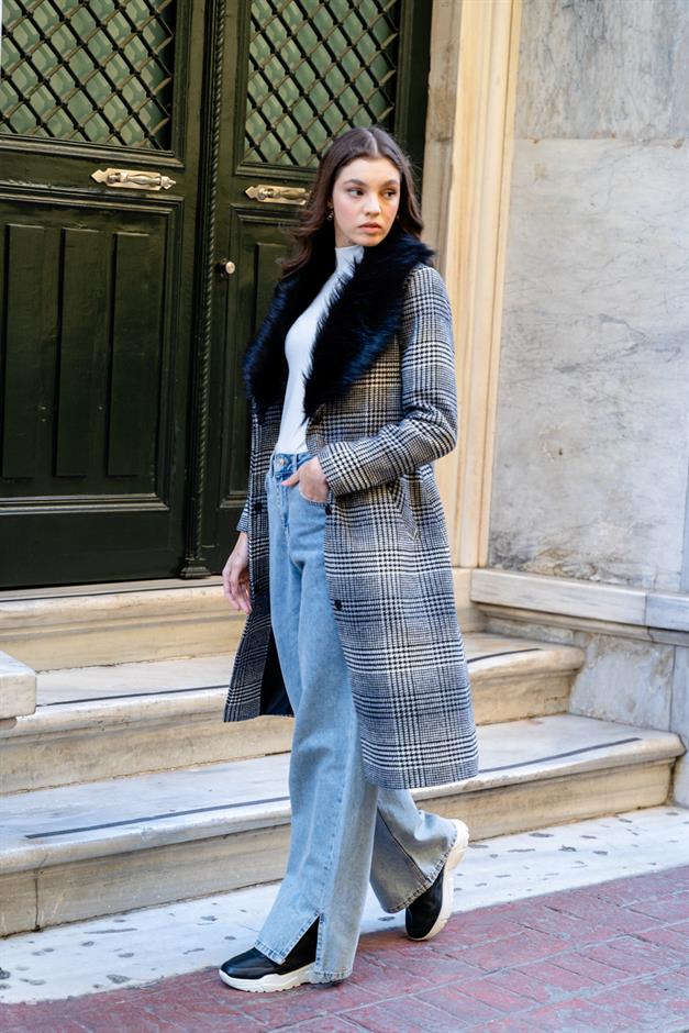 Mid-Length Plaid Coat with Detachable Fur Collar and Tie at the Waist BLACK 3978