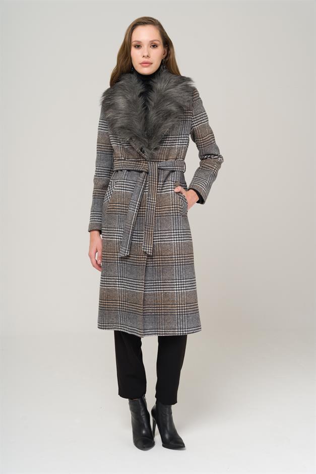 Mid-Length Plaid Coat with Detachable Fur Collar and Tie at the Waist GREY 3978