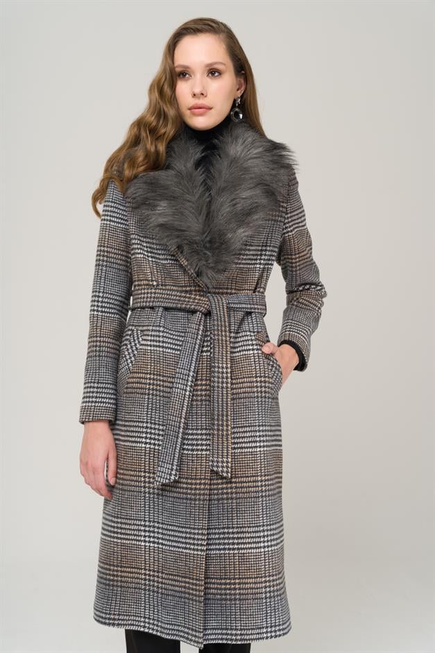Mid-Length Plaid Coat with Detachable Fur Collar and Tie at the Waist GREY 3978