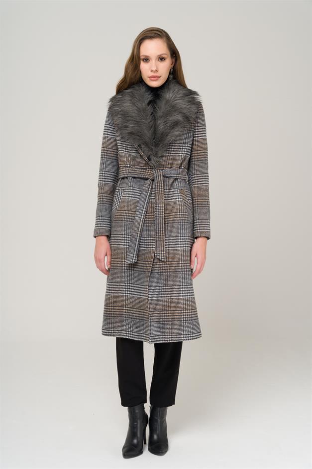 Mid-Length Plaid Coat with Detachable Fur Collar and Tie at the Waist GREY 3978