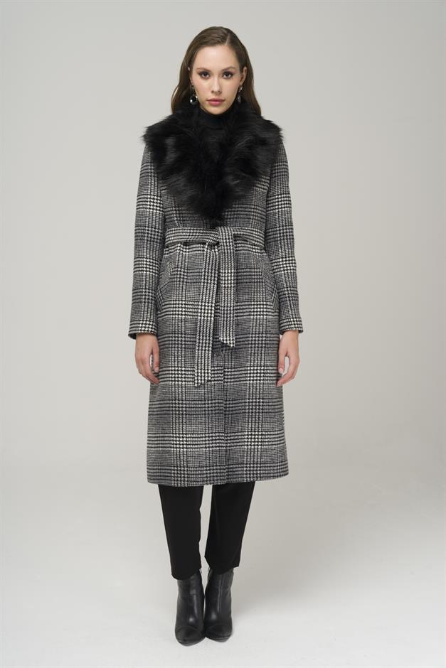 Mid-Length Plaid Coat with Detachable Fur Collar and Tie at the Waist BLACK 3978
