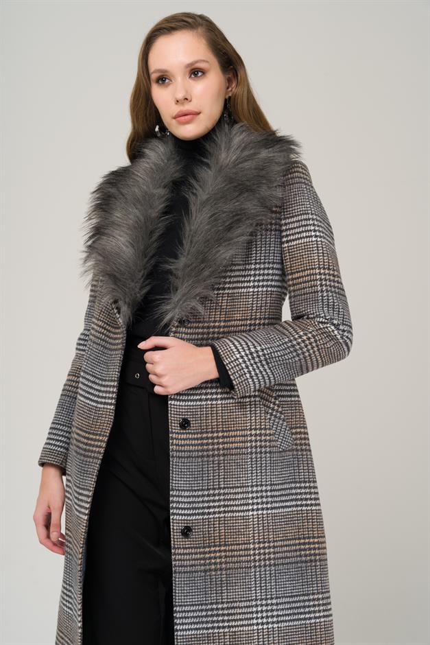 Mid-Length Plaid Coat with Detachable Fur Collar and Tie at the Waist GREY 3978