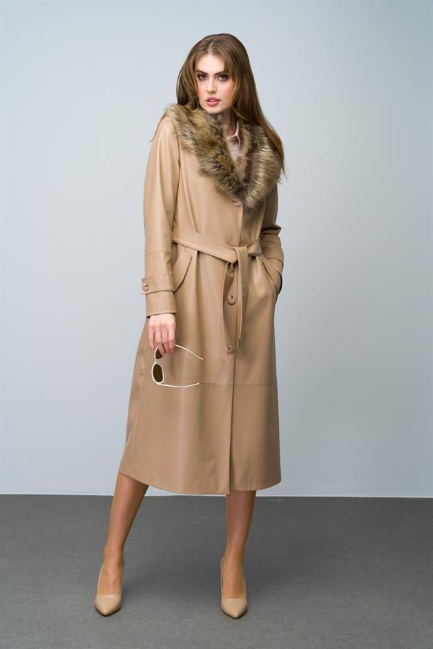 Leather Trench Coat with Detachable Fur Collar and Belt at the Waist CAMEL 6606