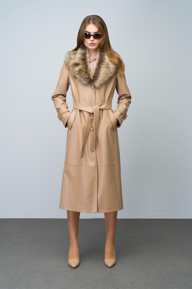 Leather Trench Coat with Detachable Fur Collar and Belt at the Waist CAMEL 6606