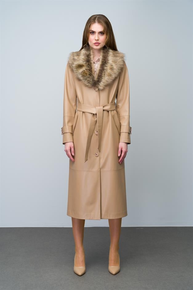 Leather Trench Coat with Detachable Fur Collar and Belt at the Waist CAMEL 6606