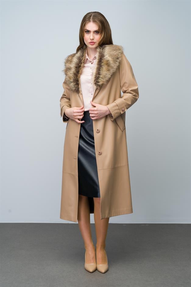 Leather Trench Coat with Detachable Fur Collar and Belt at the Waist CAMEL 6606