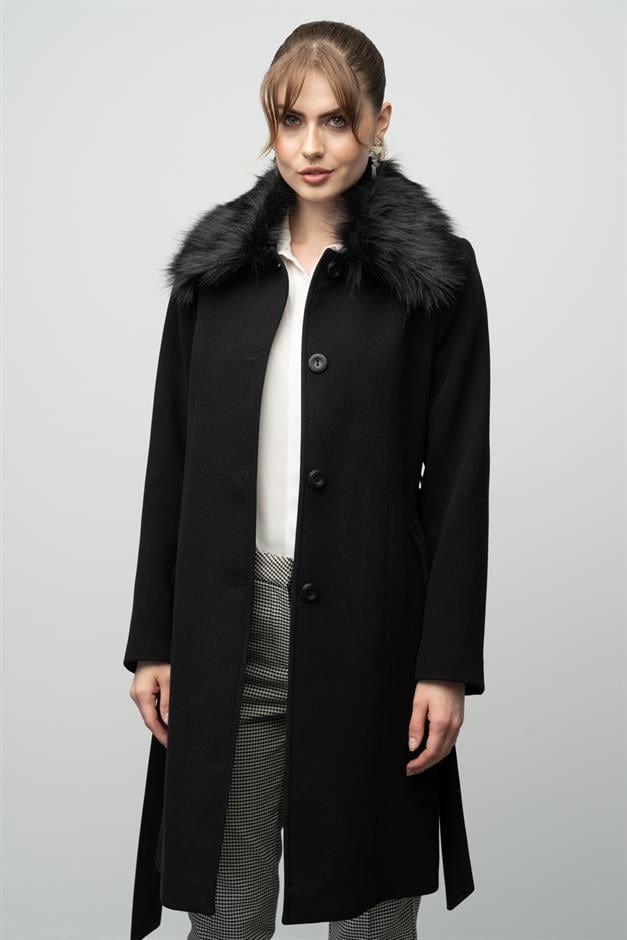 Large Size Fur Coat with Detachable Collar BLACK 3004