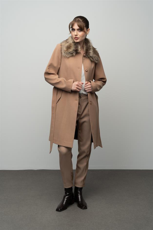 Large Size Fur Coat with Detachable Collar CAMEL 3004