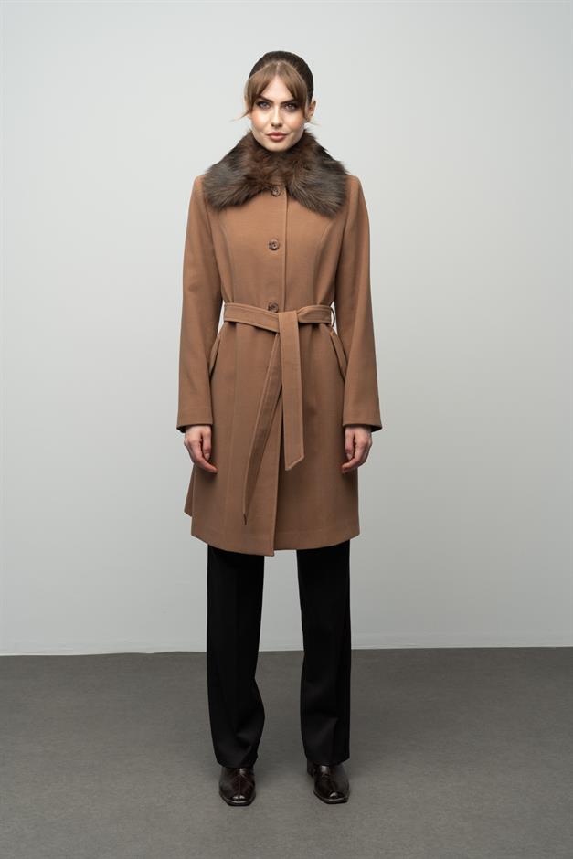 Large Size Fur Coat with Detachable Collar CAMEL 3004