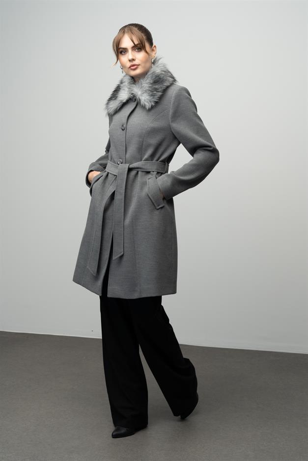 Large Size Fur Coat with Detachable Collar GREY 3004