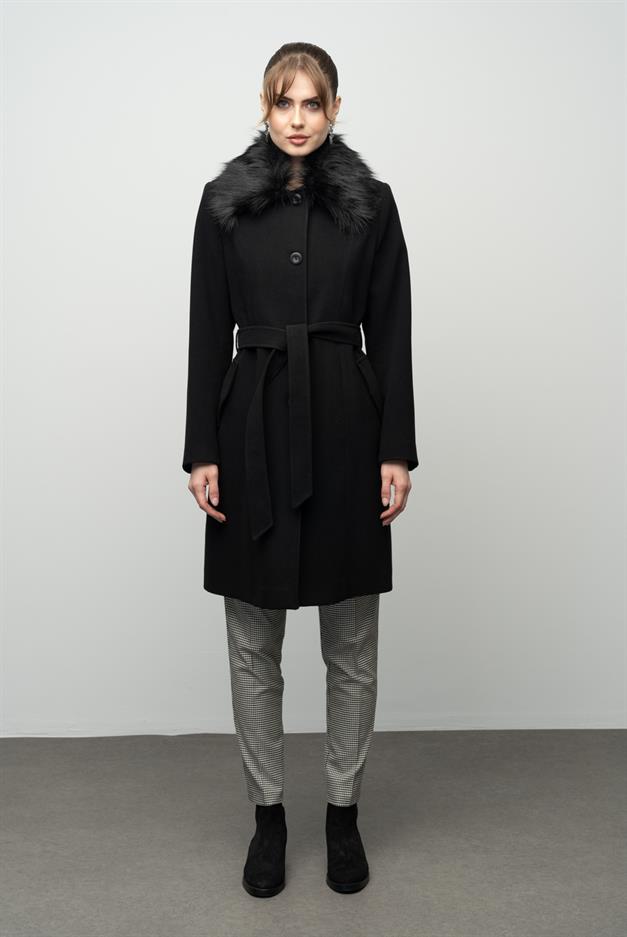 Large Size Fur Coat with Detachable Collar BLACK 3004