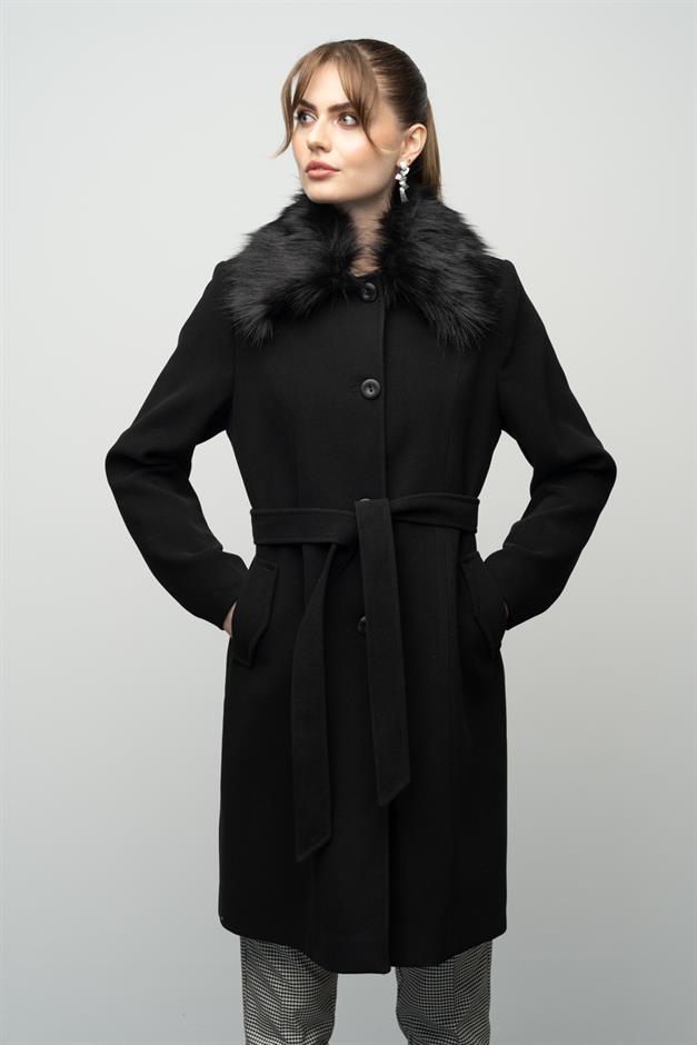 Large Size Fur Coat with Detachable Collar BLACK 3004
