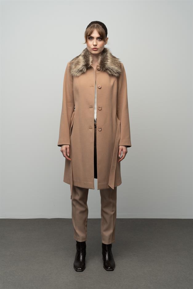 Large Size Fur Coat with Detachable Collar CAMEL 3004