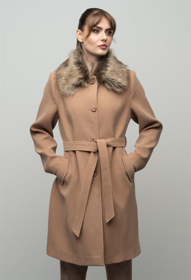 Large Size Fur Coat with Detachable Collar CAMEL 3004