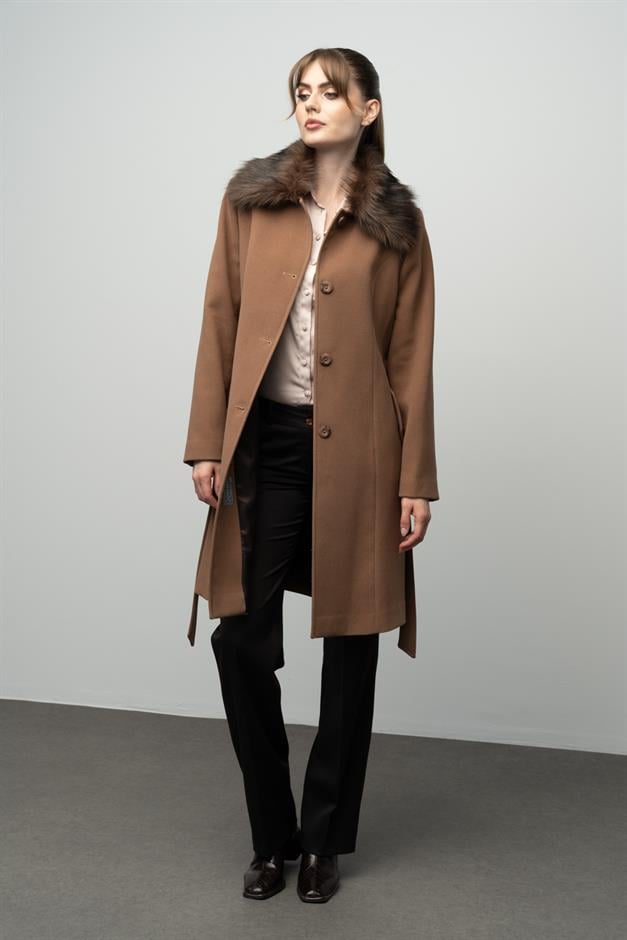 Large Size Fur Coat with Detachable Collar CAMEL 3004