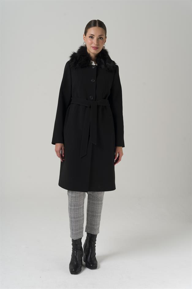 Large Size Fur Coat with Detachable Collar BLACK 3861