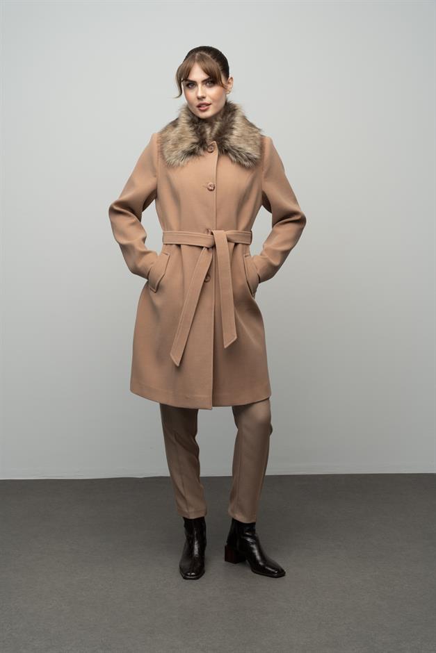 Large Size Fur Coat with Detachable Collar CAMEL 3004