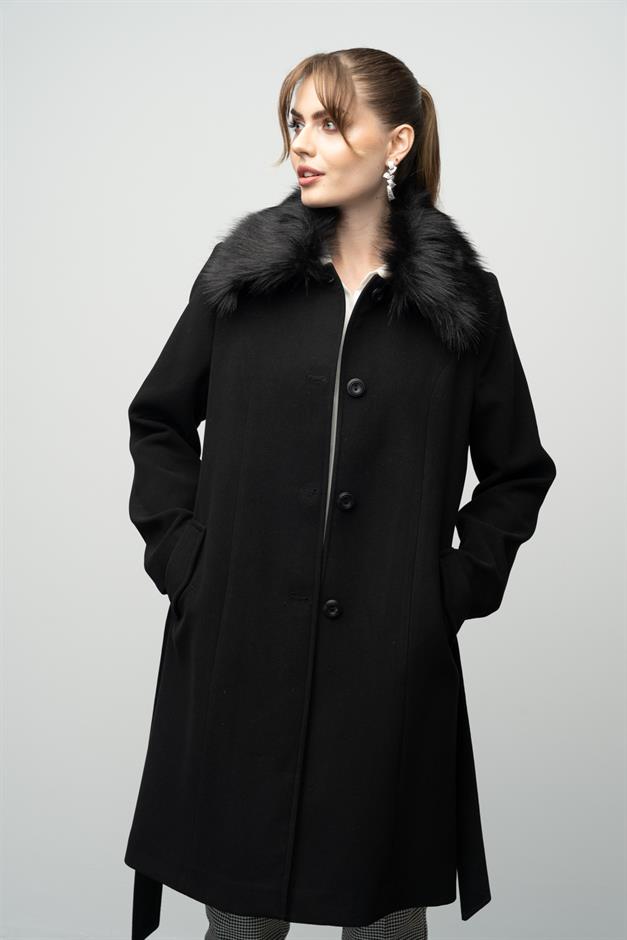 Large Size Fur Coat with Detachable Collar BLACK 3004
