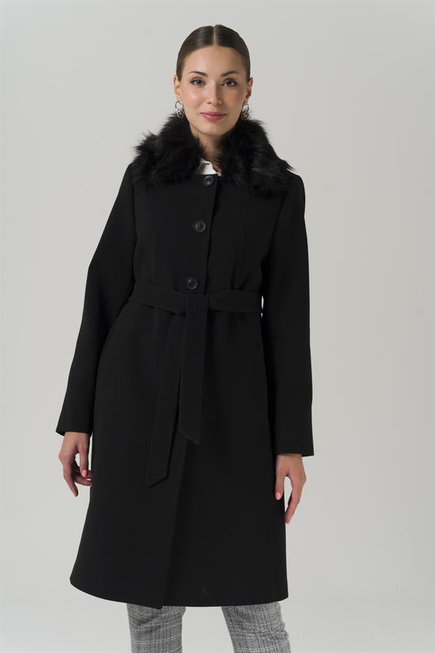 Large Size Fur Coat with Detachable Collar BLACK 3861