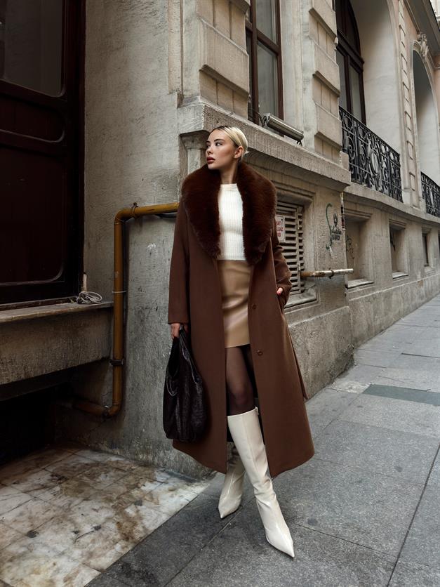 Mid-Length Coat with Detachable Fur Collar and Snap Closure TOBACCO 3066