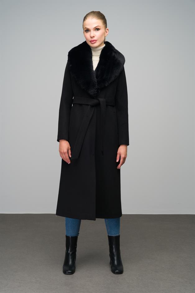 Mid-Length Coat with Detachable Fur Collar and Snap Closure BLACK 3066