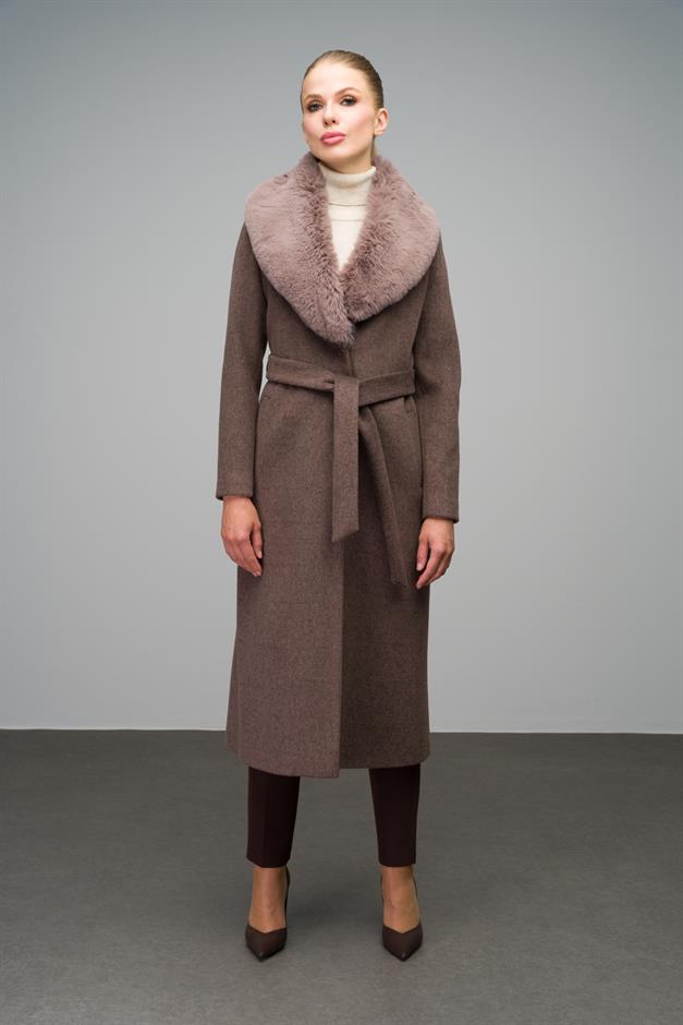 Mid-Length Coat with Detachable Fur Collar and Snap Closure LATTE 3066