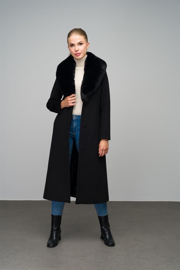 Mid-Length Coat with Detachable Fur Collar and Snap Closure BLACK 3066