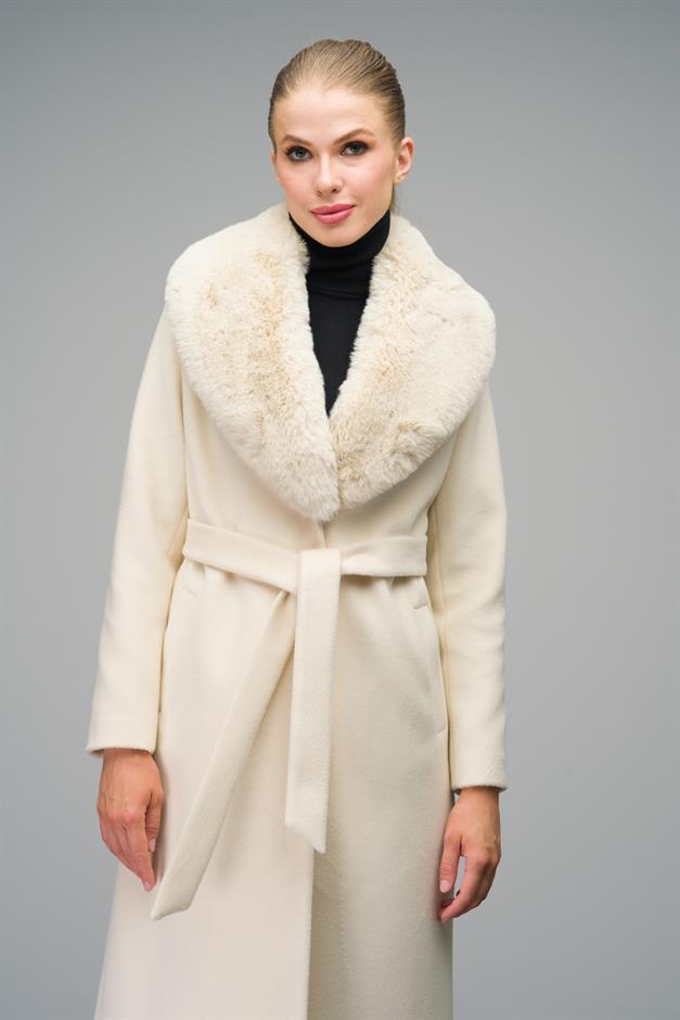 Mid-Length Coat with Detachable Fur Collar and Snap Closure IVORY 3066