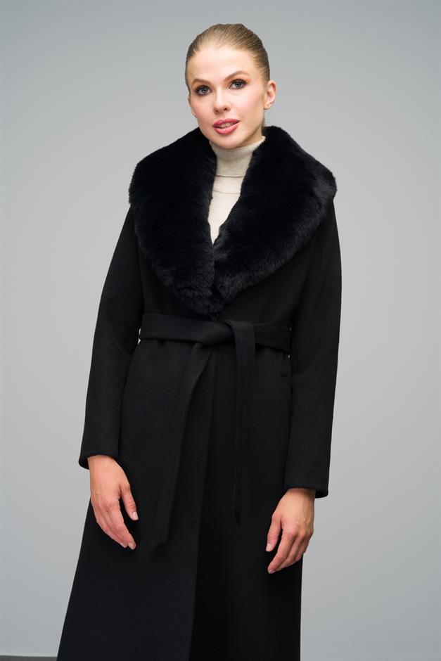 Mid-Length Coat with Detachable Fur Collar and Snap Closure BLACK 3066