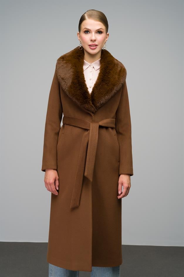 Mid-Length Coat with Detachable Fur Collar and Snap Closure TOBACCO 3066