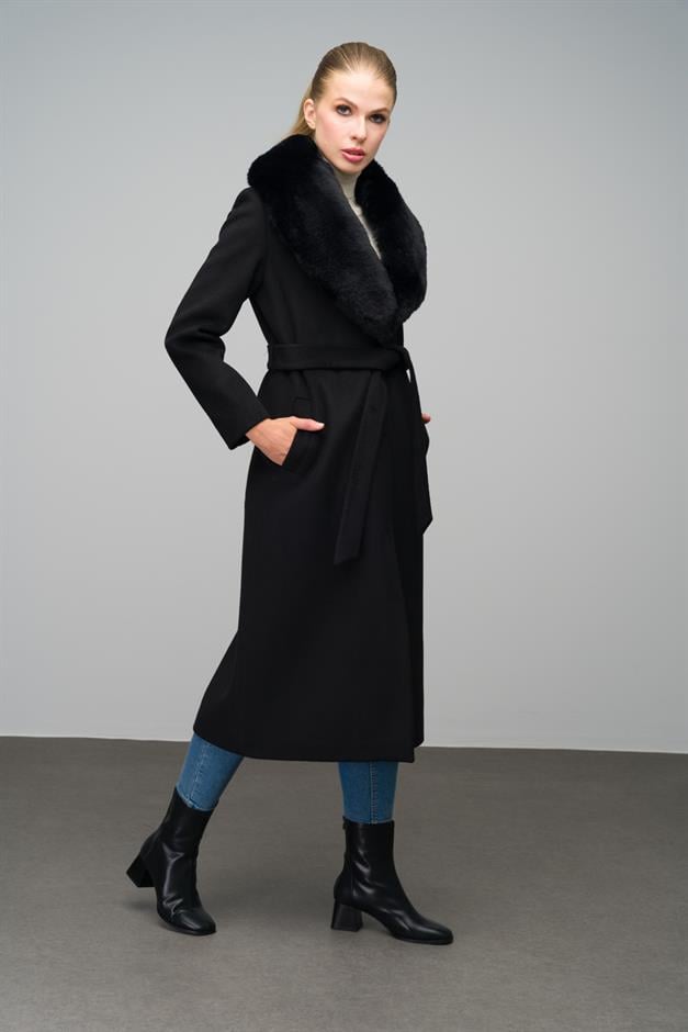 Mid-Length Coat with Detachable Fur Collar and Snap Closure BLACK 3066