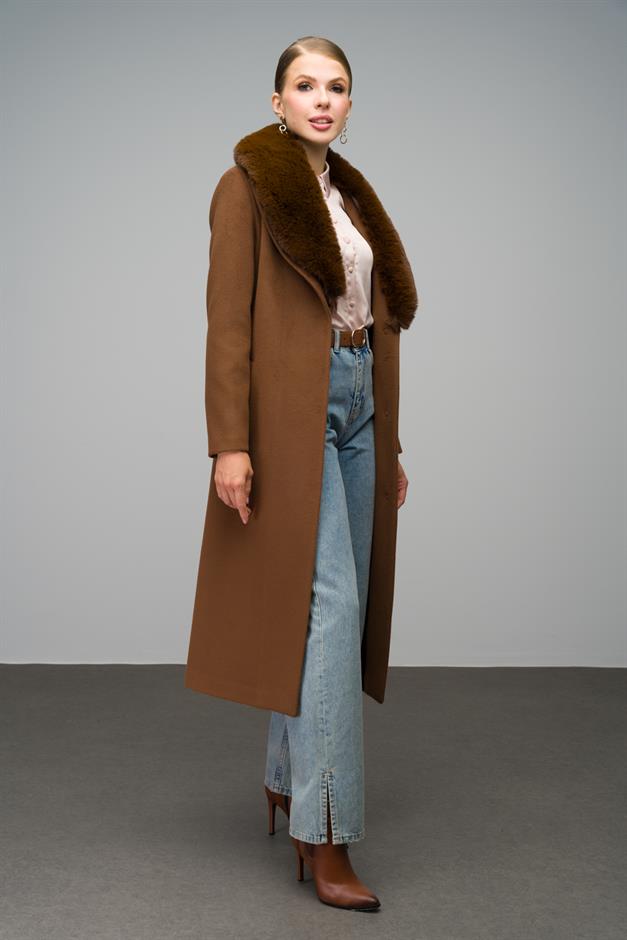 Mid-Length Coat with Detachable Fur Collar and Snap Closure TOBACCO 3066